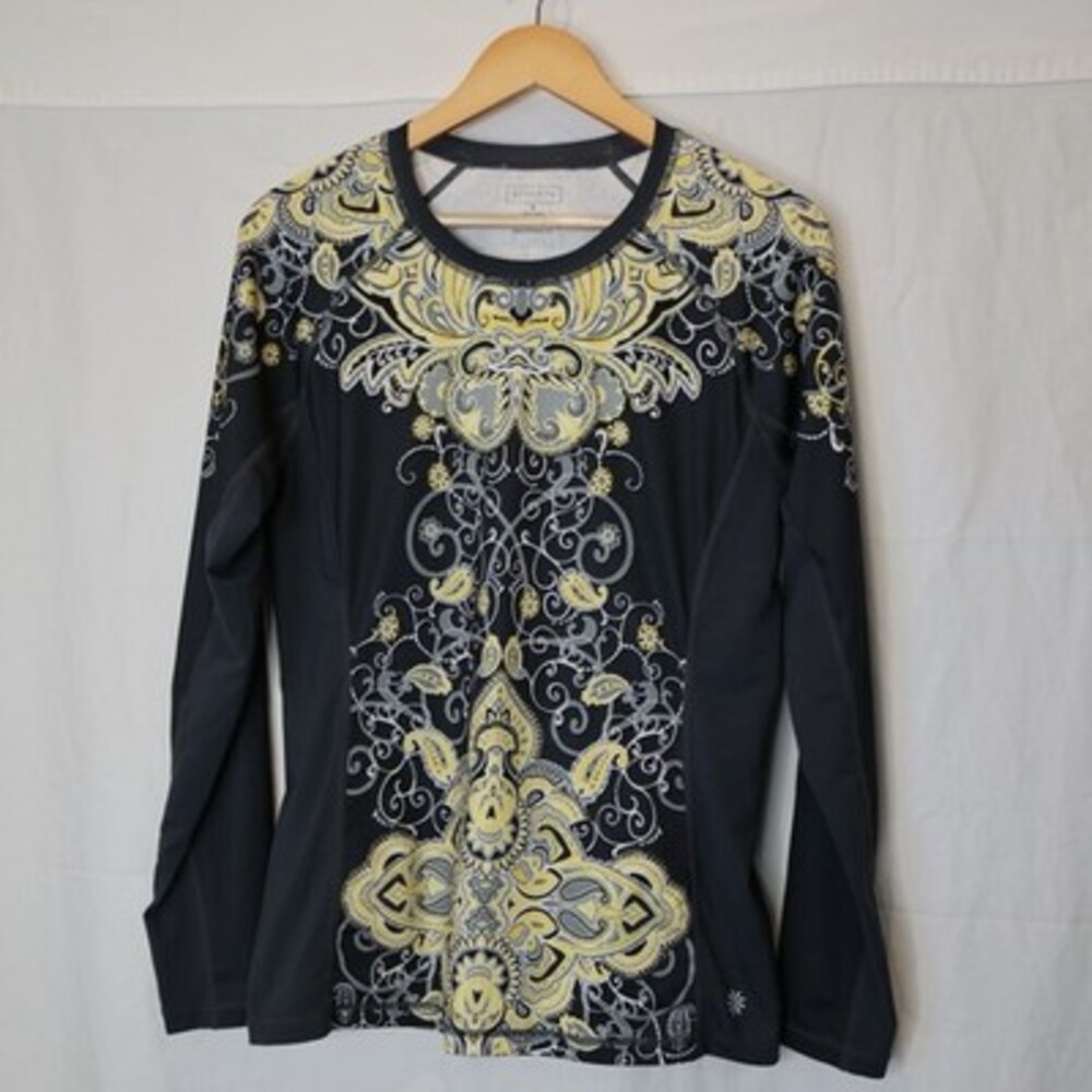 Athleta Women’s Medium Long Sleeve Athletic Top Paisley Black Yellow Grey Stretc